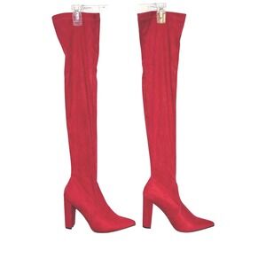Red Over Knee Thigh High Pull On Boots 24" Shaft Faux Suede Block Heel 8.5 Sexy